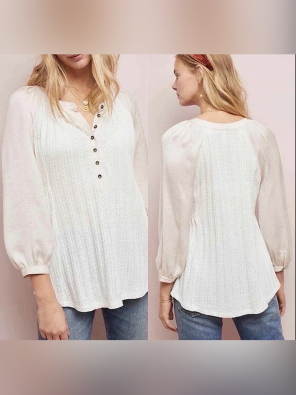 Anthropologie Meadow Rue Kersee Henley Ivory Textured Knit/ Satin Top